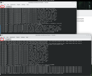 Screenshot of two Konsole on a Linux desktop