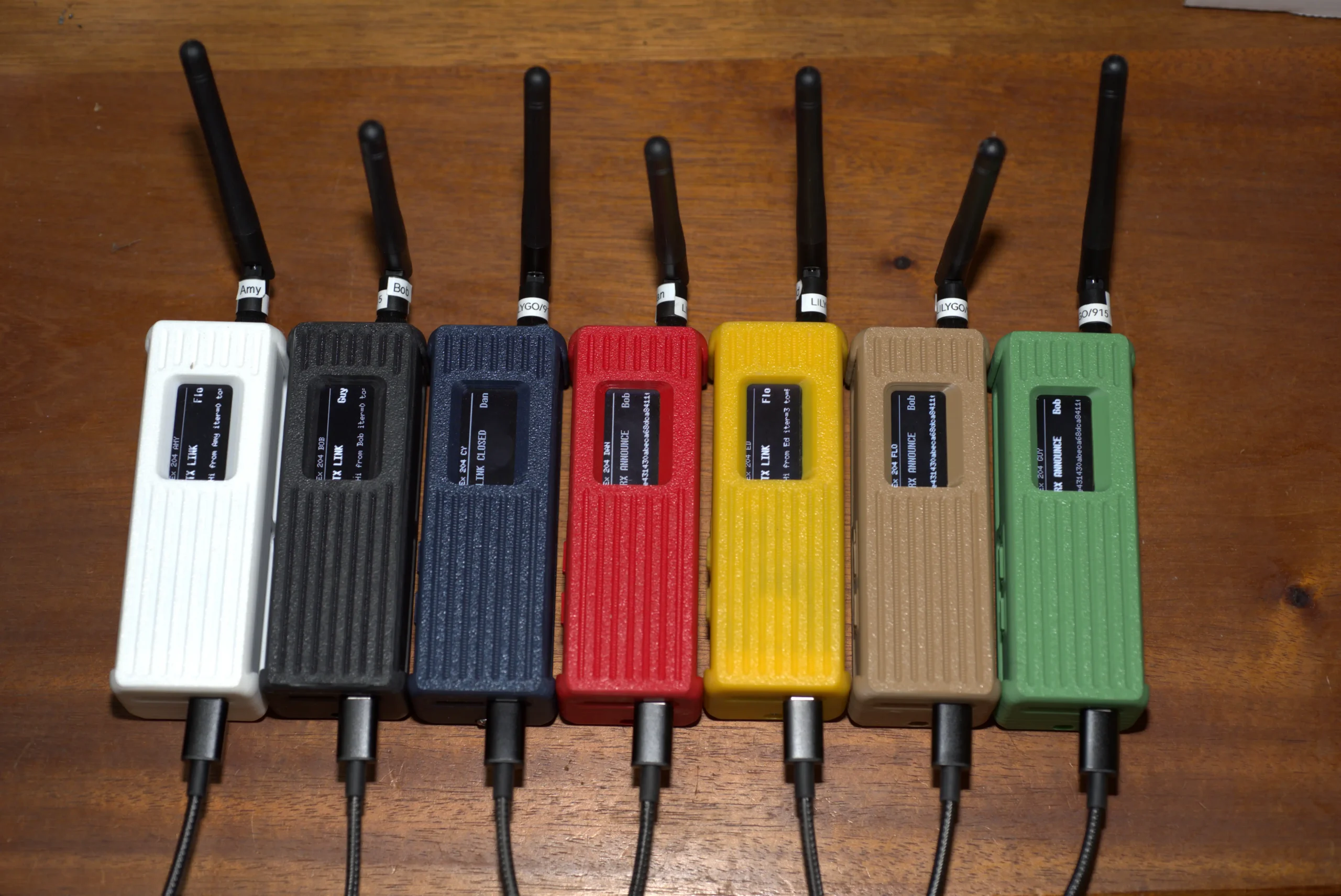 7 radio units, each a different color