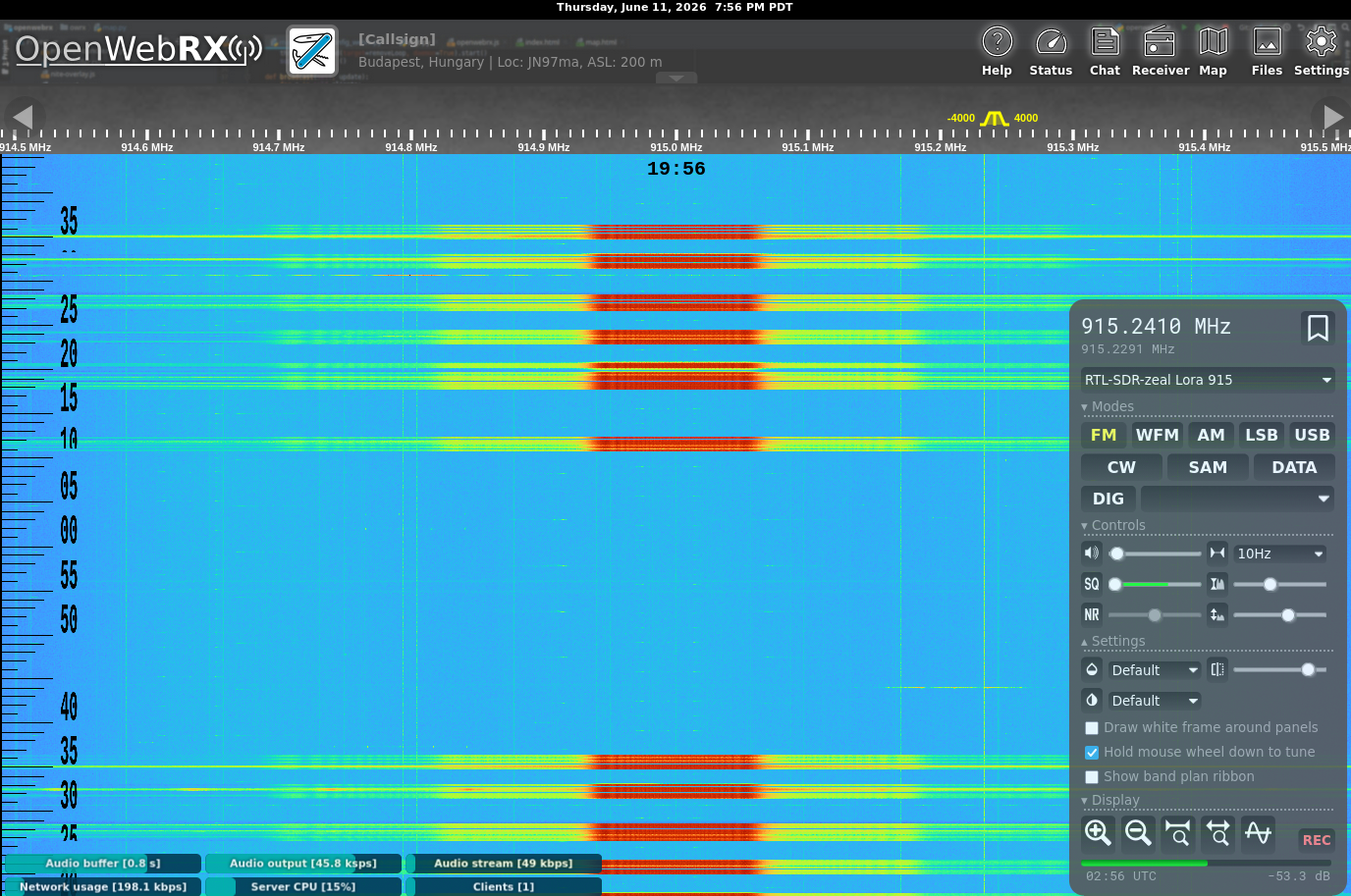 Openwebrx screen showing radio signal waterfall