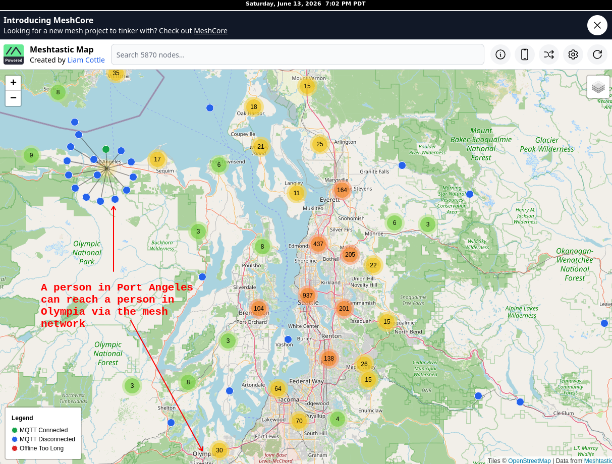 Map of Puget Sound with Radio nodes