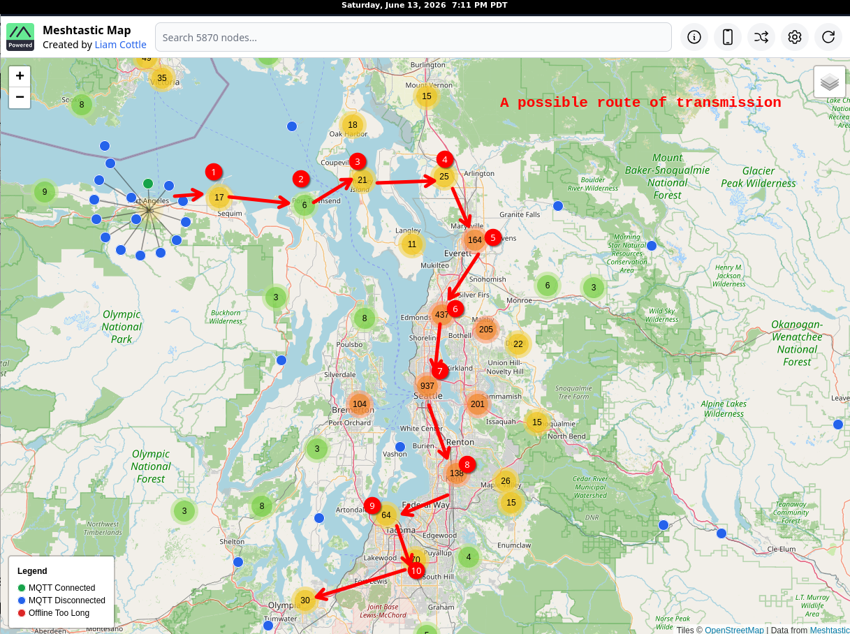 Map with arrows showing a route through 10 nodes