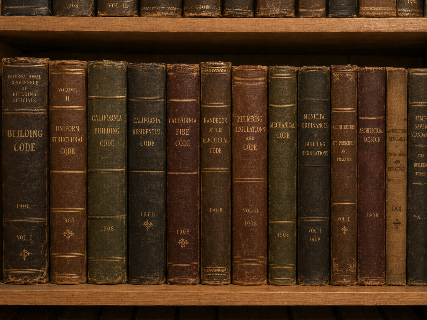 Shelf of old leather bound books of building codes