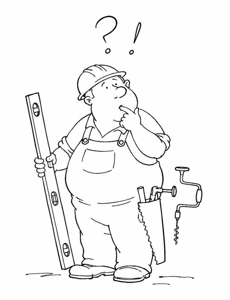 Cartoon of a contractor with a question mark and exclamation point above his head