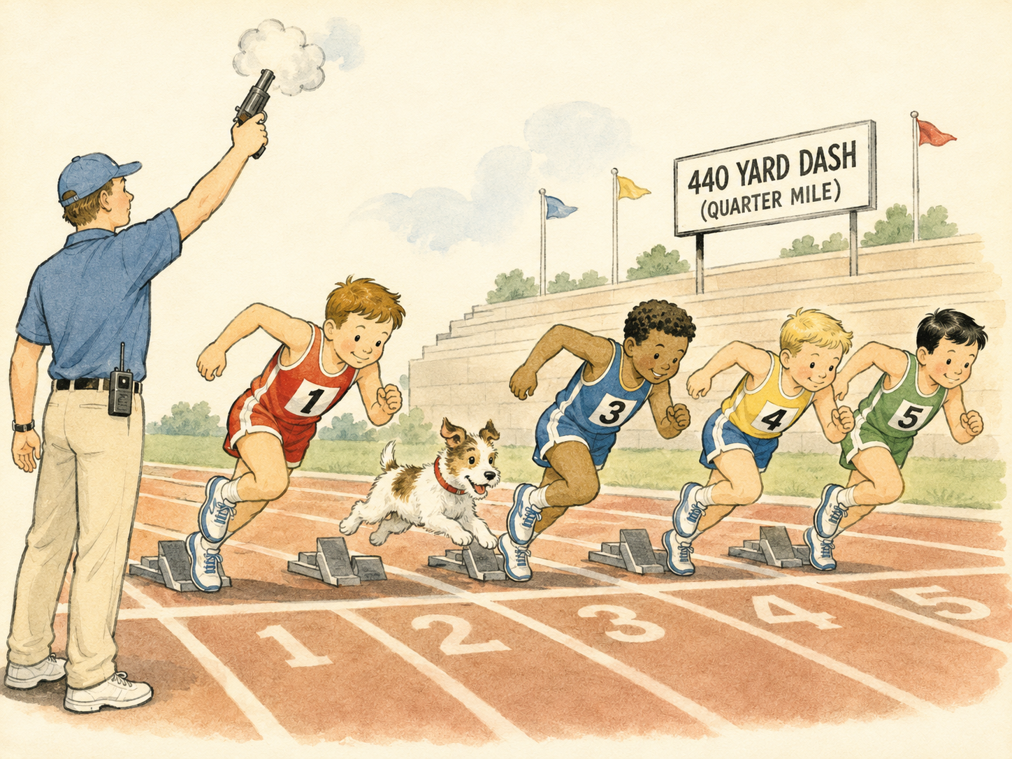 1950s style cartoon of 440 track race with a dog as a contestant