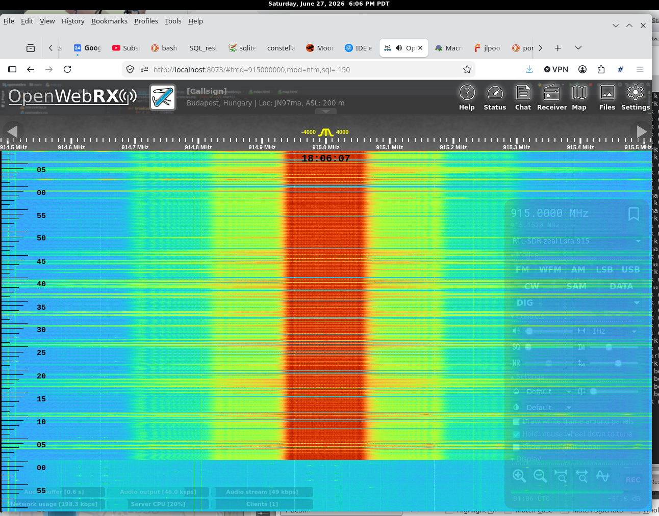Screenshot of Openwebrx showing heavy usage of the 915 Mhz frequency