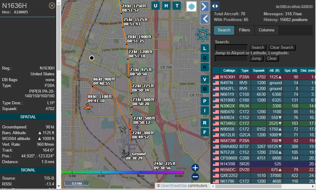 Sample map of air traffic 9/10/2023 at 9:40 AM PDT